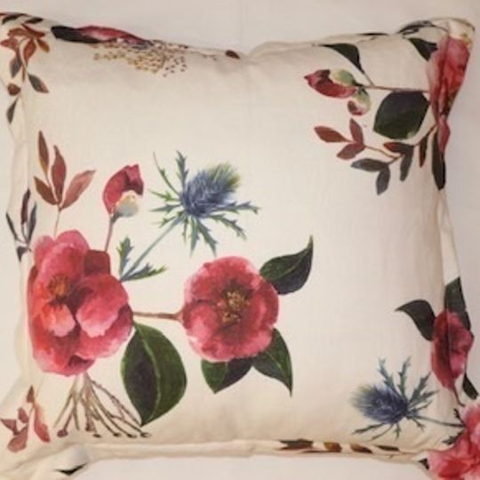 Japonika cushion cover on white linen background